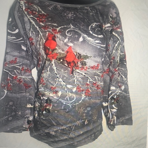 Tops - Gray and Red Bird Print Sweater